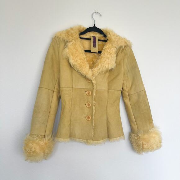 New Label SheepSkin Cream Yellow Leather Button Up shearling Jacket - Picture 2 of 15